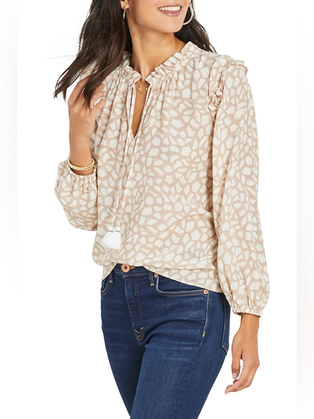 Vineyard Vines NWT Animal Print Ruffle Blouse Pink White Tassel Tie Women Size L